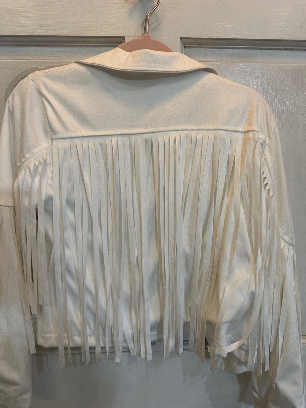 Cropped White Fringe Leather Jacket - Women's Stylish Western Moto - Picture 2 of 2